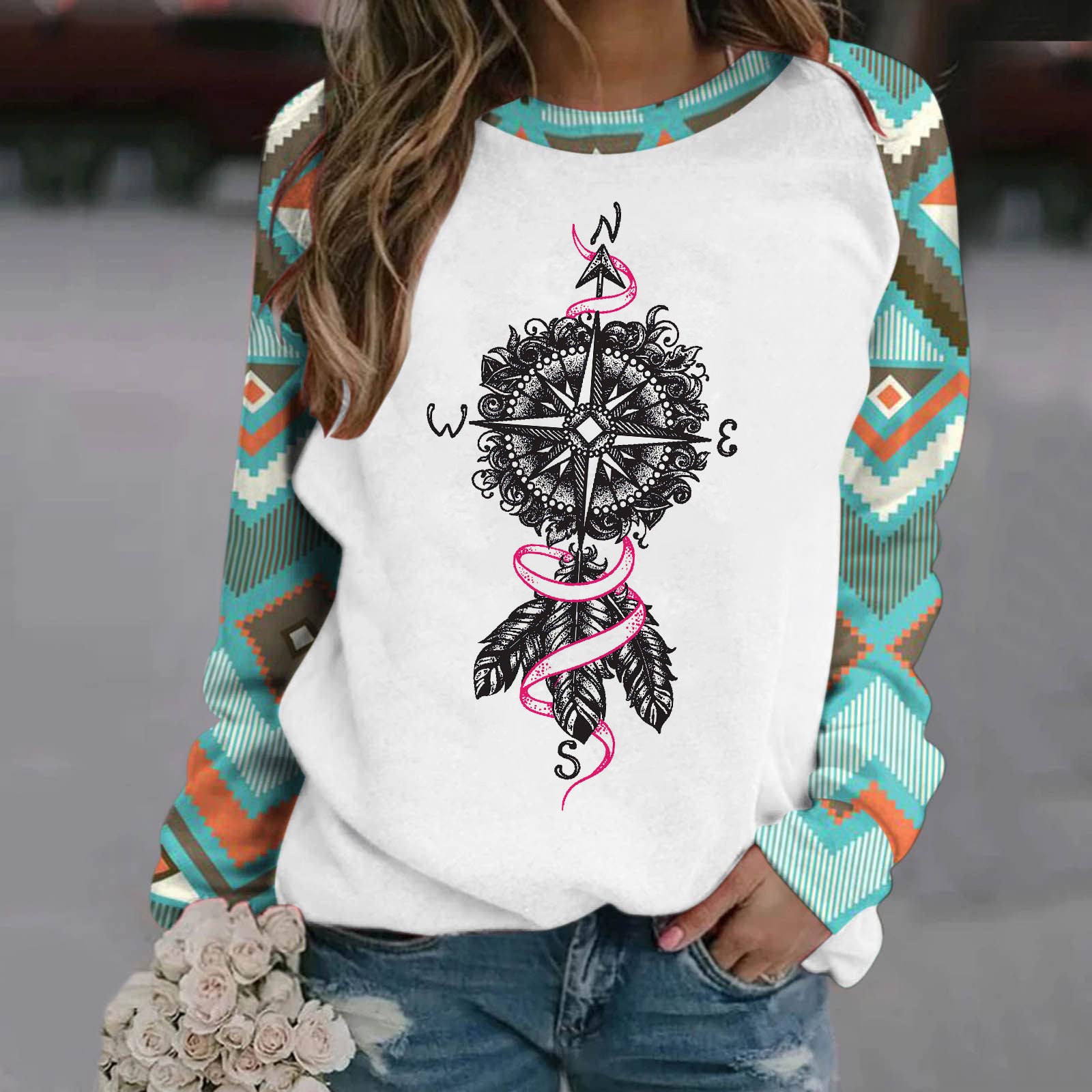 Wholesale Polyester Fiber Retro Geometric 3D Printed Long Sleeved Round Neck Hoodie